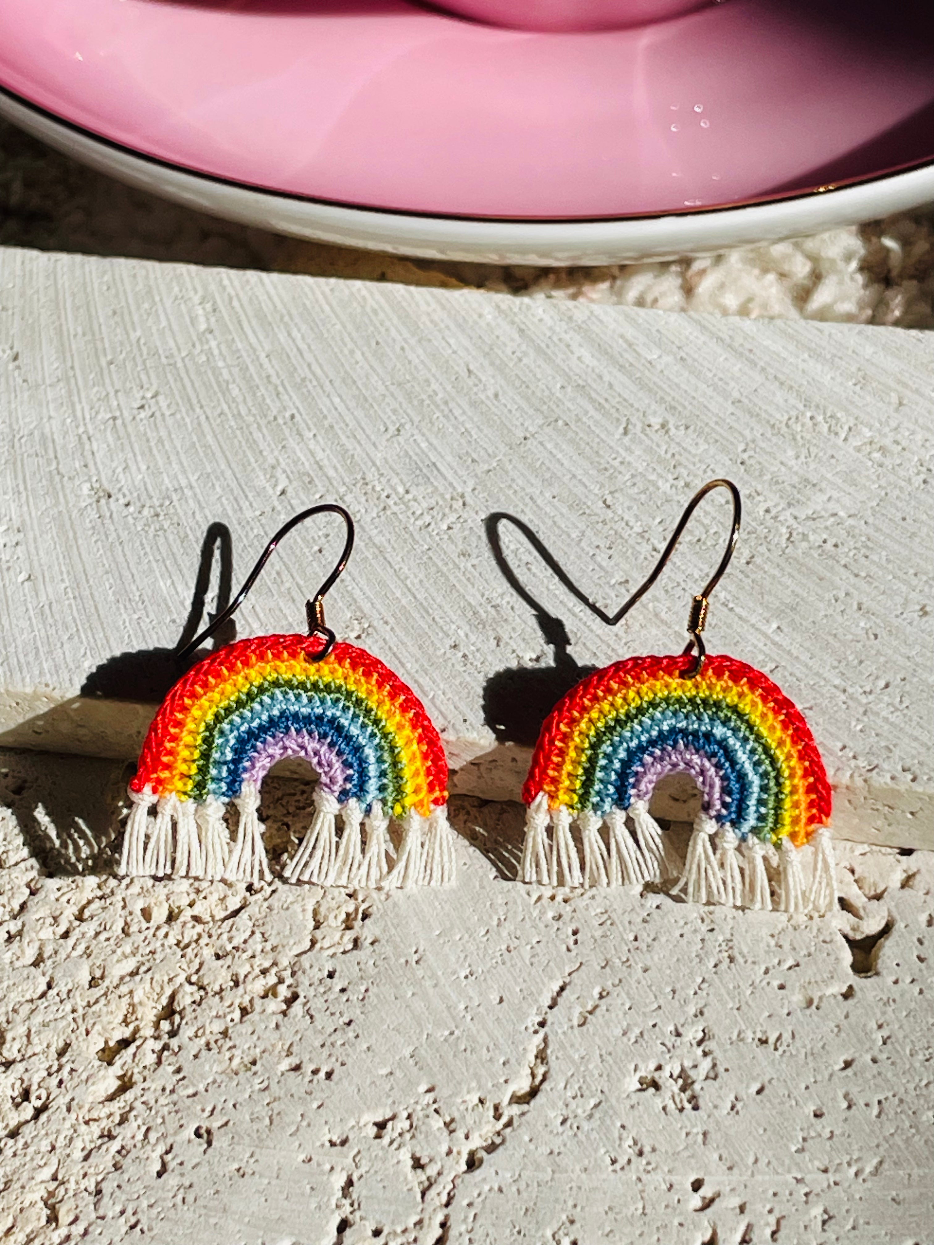 Hand-Crocheted Rainbow Fringe Drop Earrings – 14K Gold Hooks