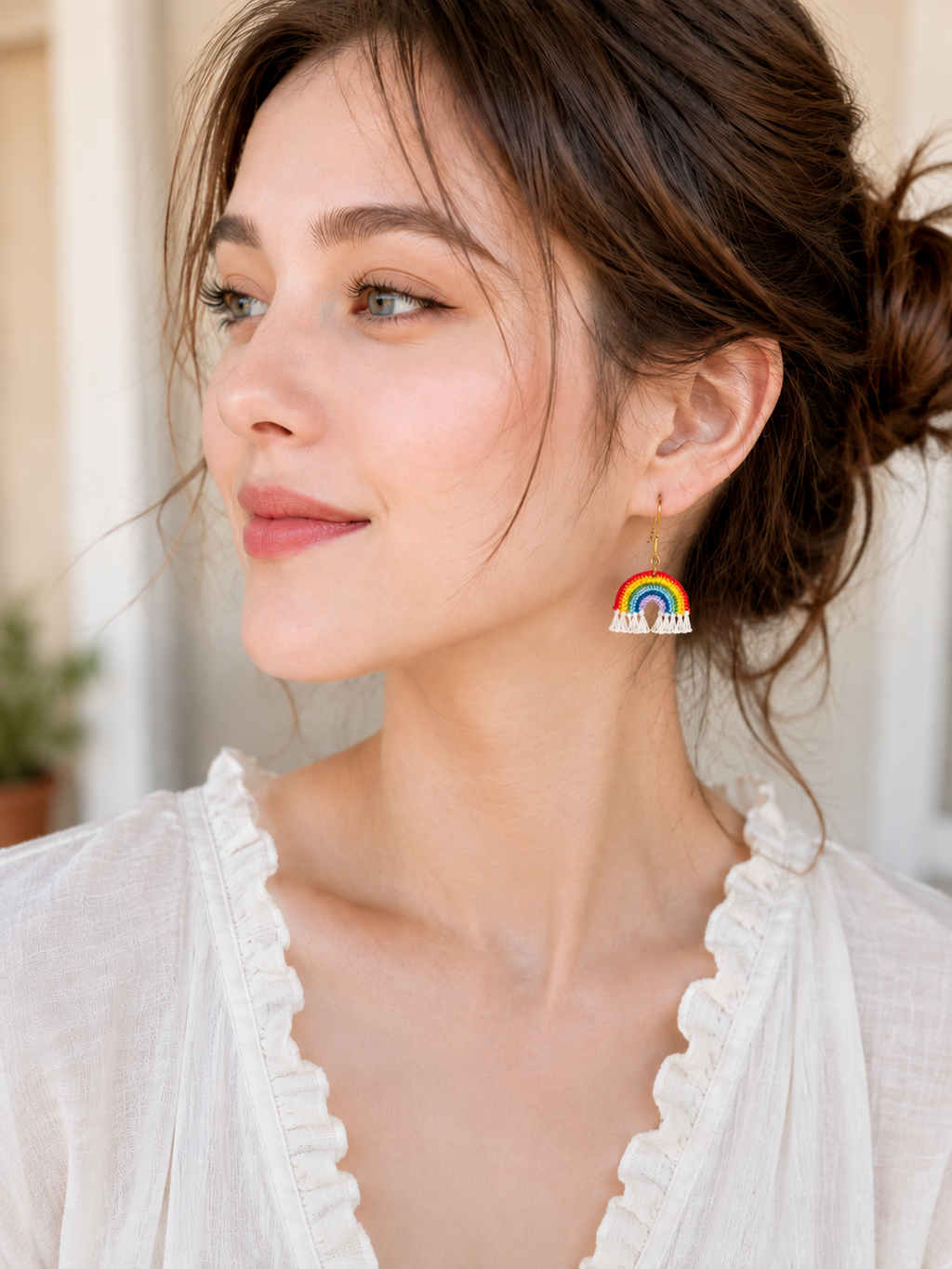Hand-Crocheted Rainbow Fringe Drop Earrings – 14K Gold Hooks