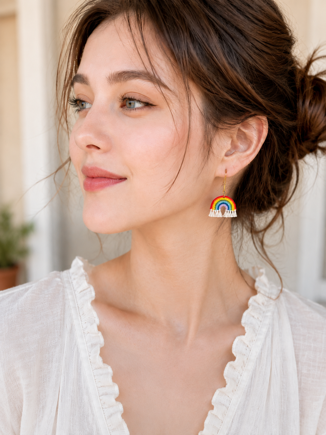 Hand-Crocheted Rainbow Fringe Drop Earrings – 14K Gold Hooks