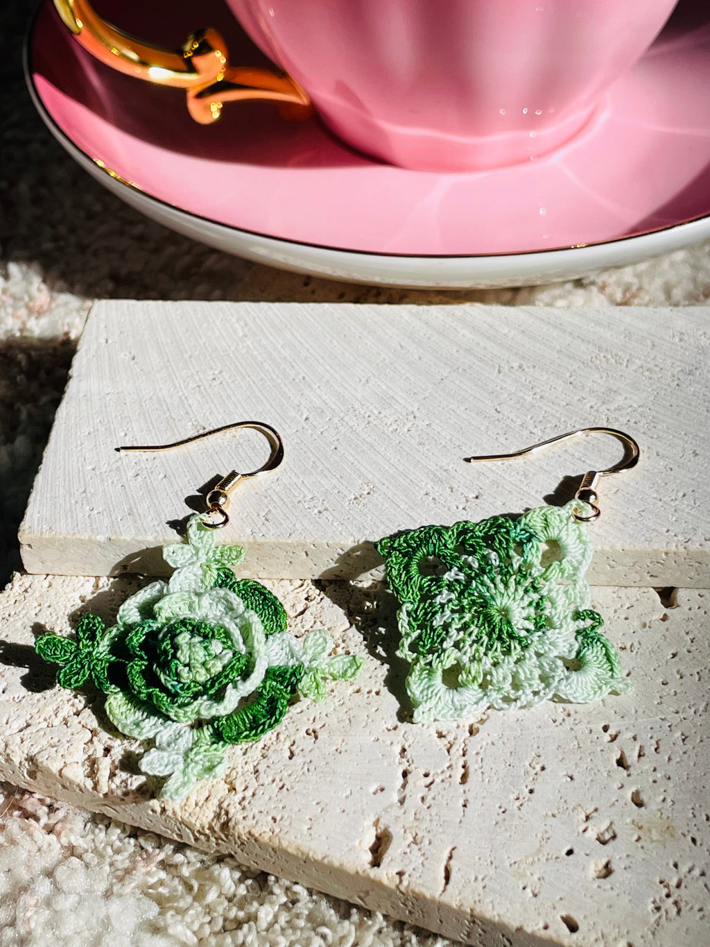 Hand-Crocheted Asymmetrical Floral Drop Earrings – 14K Gold Hooks | 4 Colours