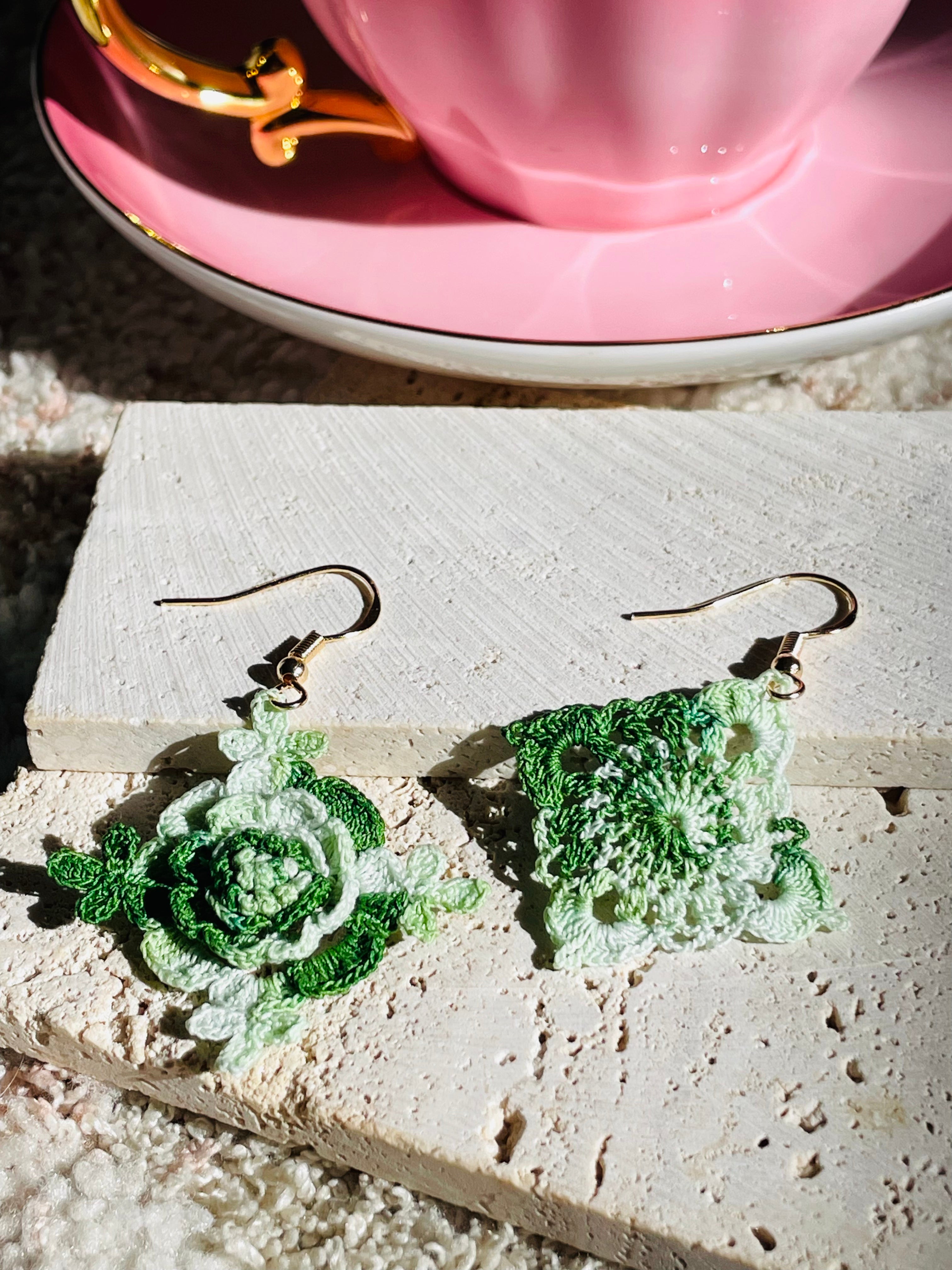 Hand-Crocheted Asymmetrical Floral Drop Earrings – 14K Gold Hooks | 4 Colours