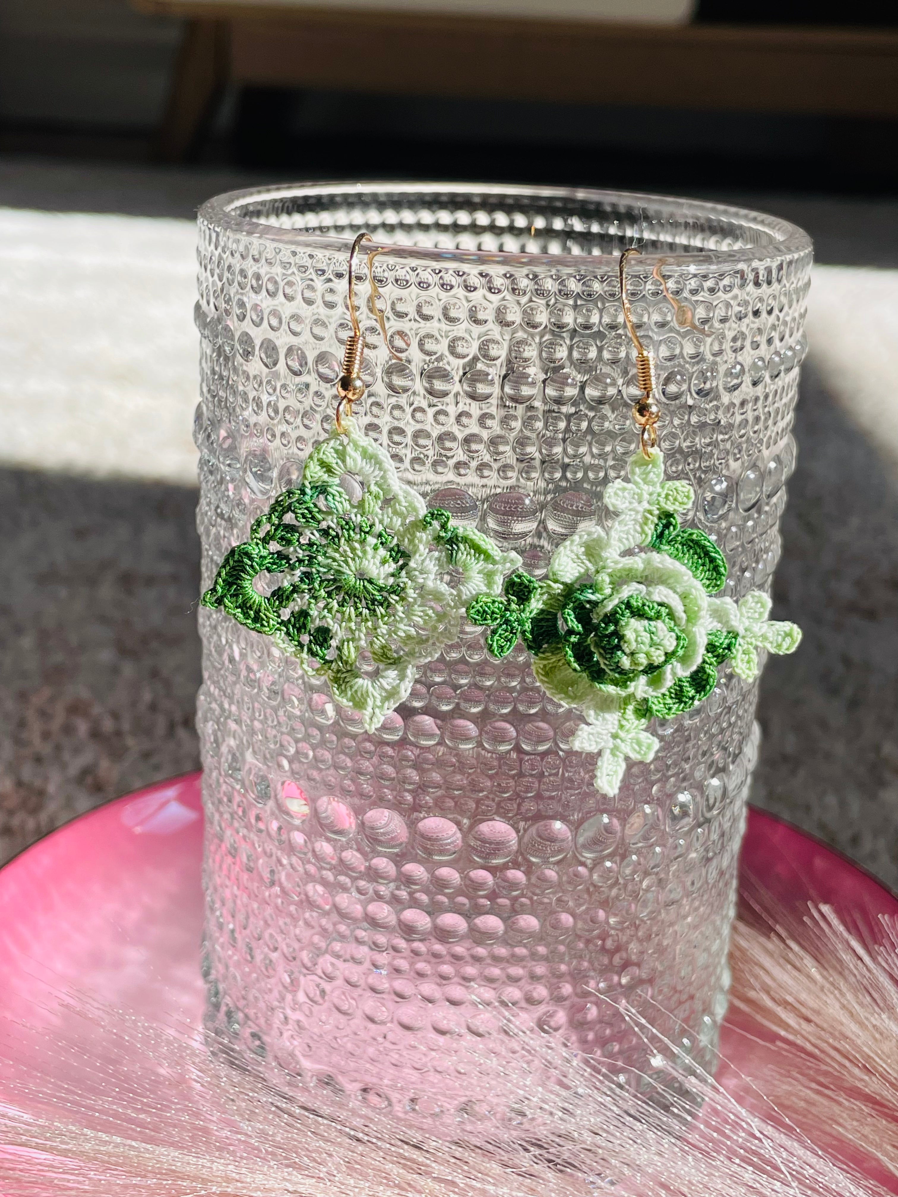 Hand-Crocheted Asymmetrical Floral Drop Earrings – 14K Gold Hooks | 4 Colours
