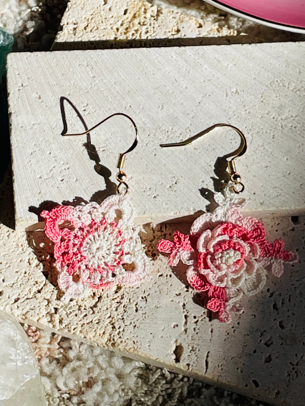 Hand-Crocheted Asymmetrical Floral Drop Earrings – 14K Gold Hooks | 4 Colours