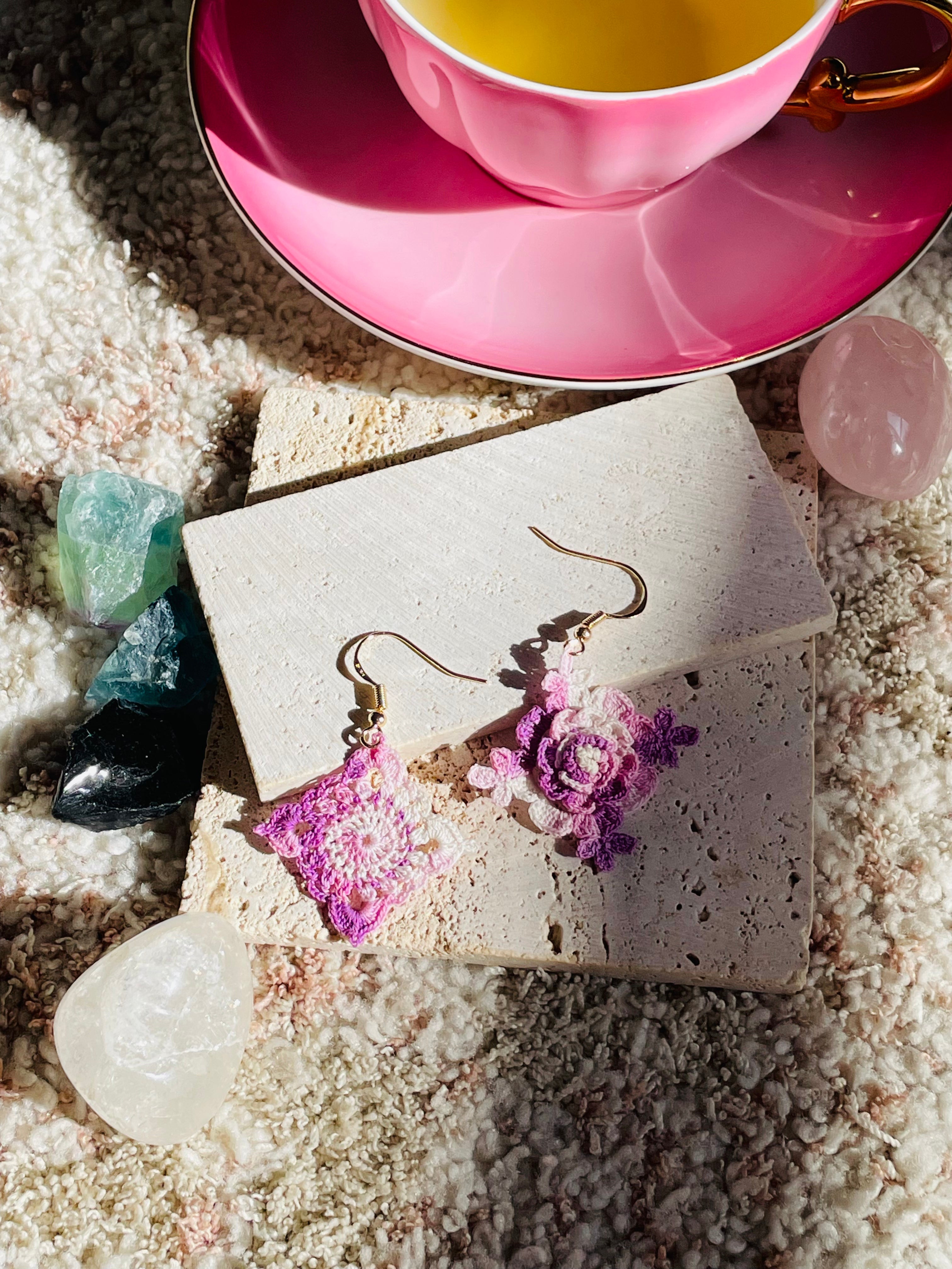 Hand-Crocheted Asymmetrical Floral Drop Earrings – 14K Gold Hooks | 4 Colours