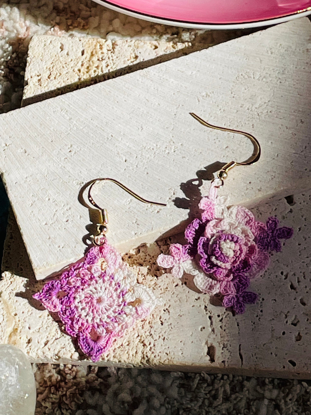 Hand-Crocheted Asymmetrical Floral Drop Earrings – 14K Gold Hooks | 4 Colours