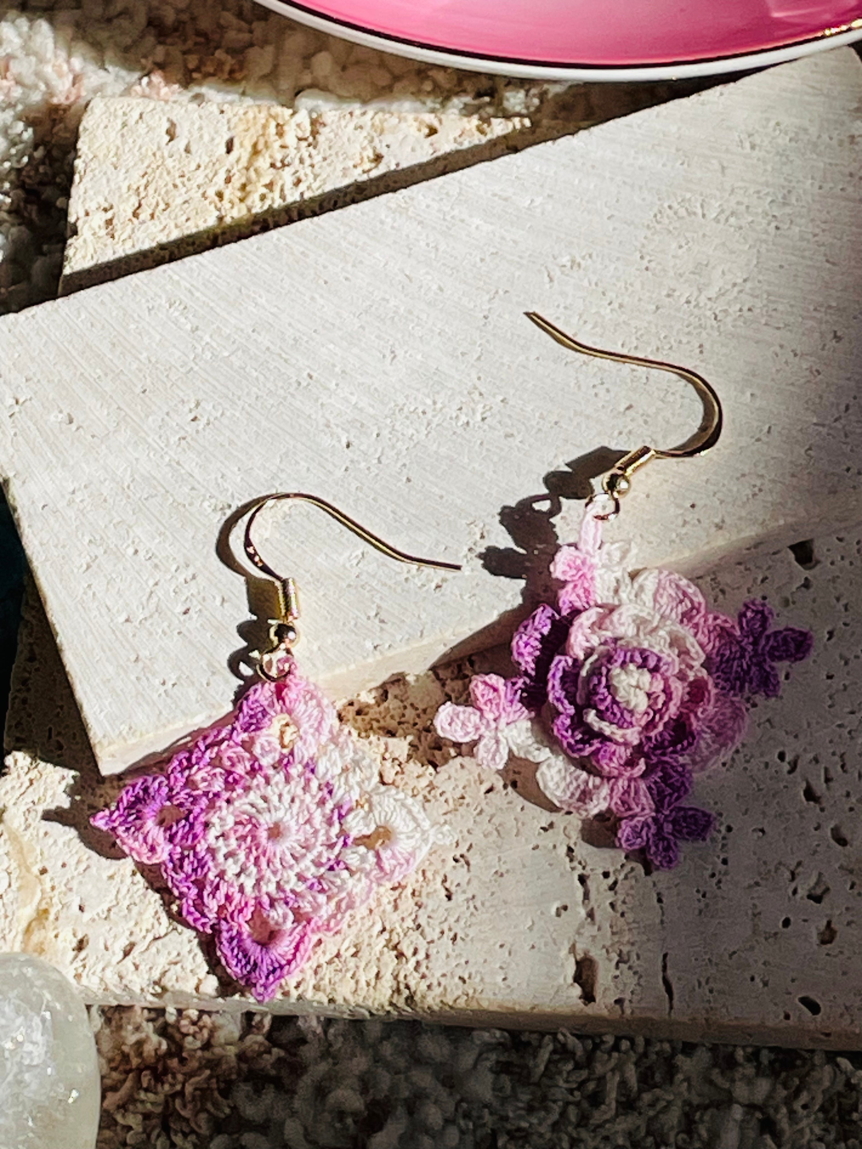 Hand-Crocheted Asymmetrical Floral Drop Earrings – 14K Gold Hooks | 4 Colours