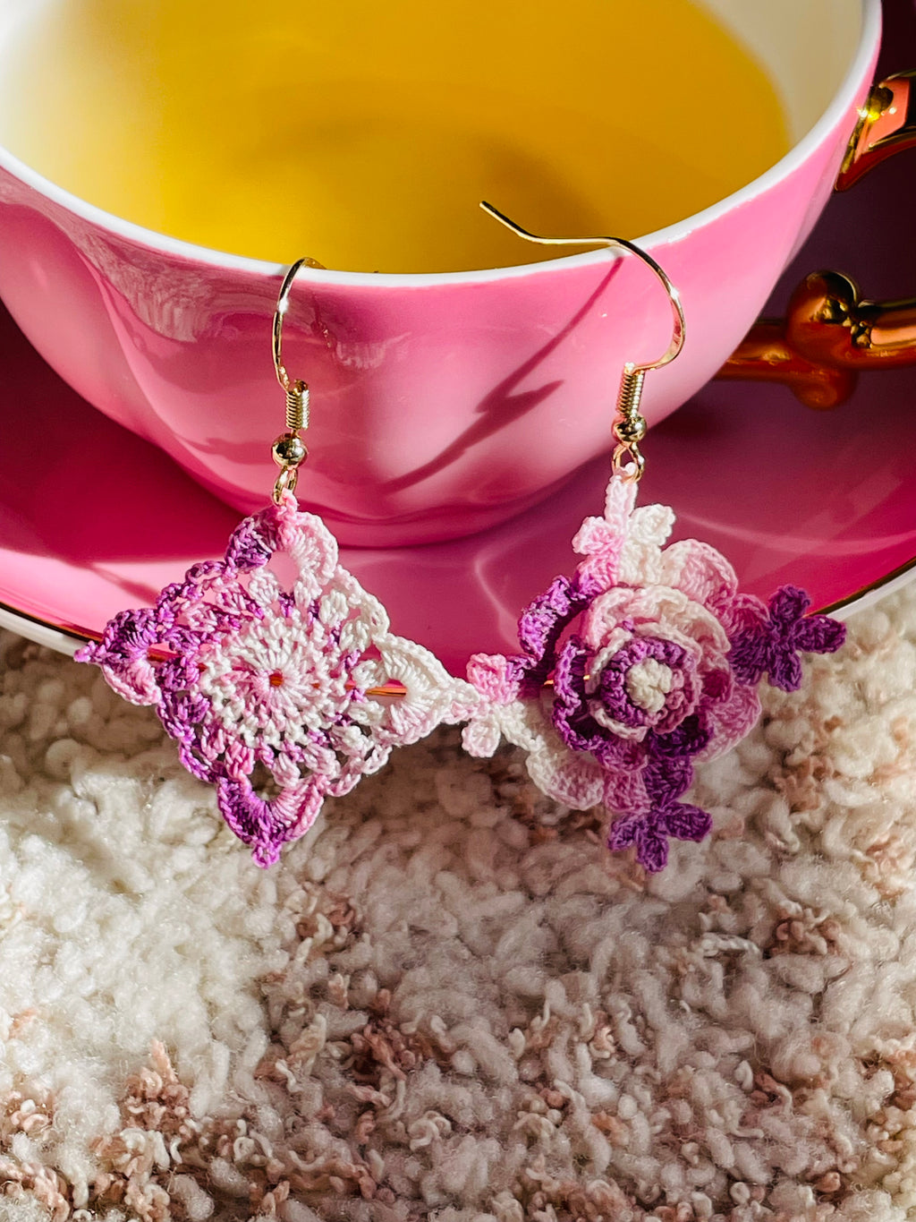 Hand-Crocheted Asymmetrical Floral Drop Earrings – 14K Gold Hooks | 4 Colours
