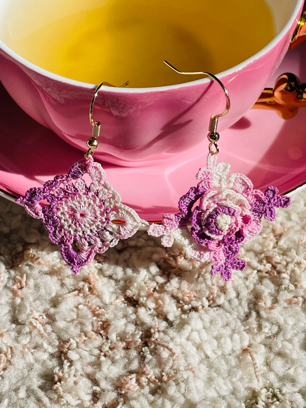 Hand-Crocheted Asymmetrical Floral Drop Earrings – 14K Gold Hooks | 4 Colours