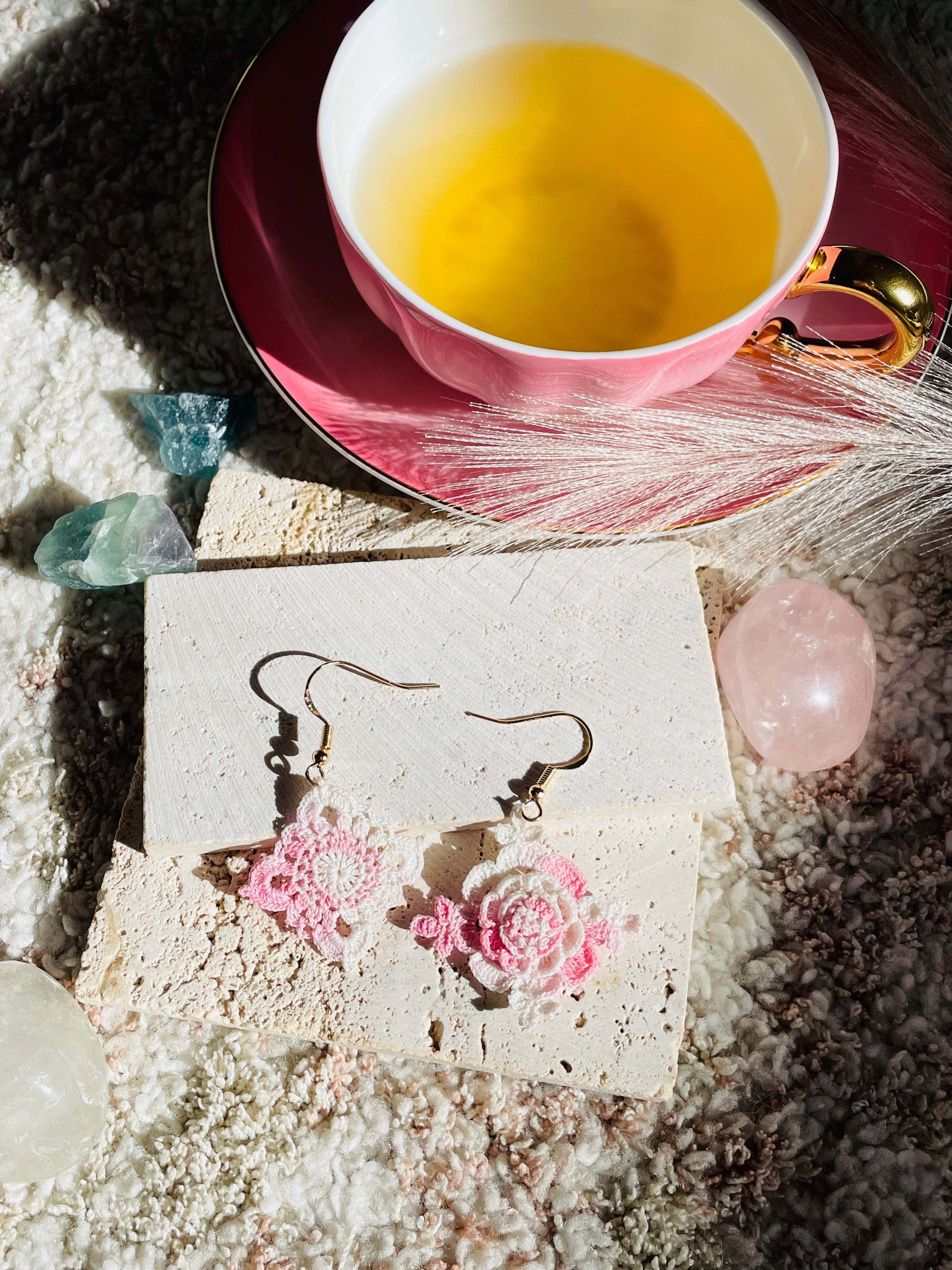 Hand-Crocheted Asymmetrical Floral Drop Earrings – 14K Gold Hooks | 4 Colours