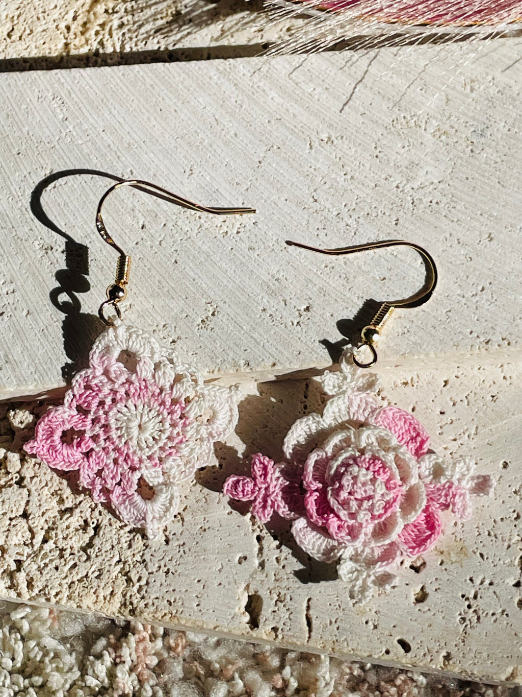 Hand-Crocheted Asymmetrical Floral Drop Earrings – 14K Gold Hooks | 4 Colours