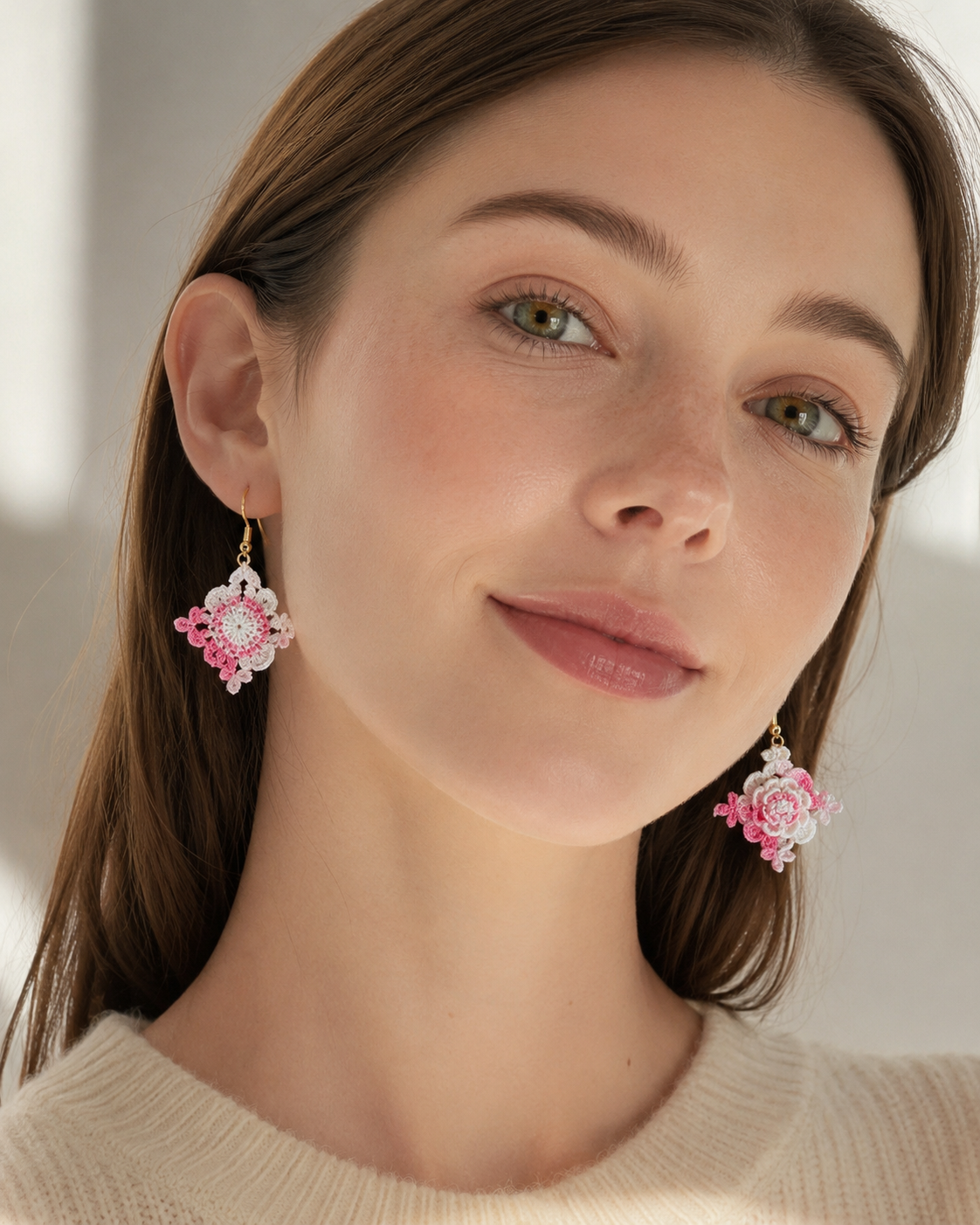 Hand-Crocheted Asymmetrical Floral Drop Earrings – 14K Gold Hooks | 4 Colours