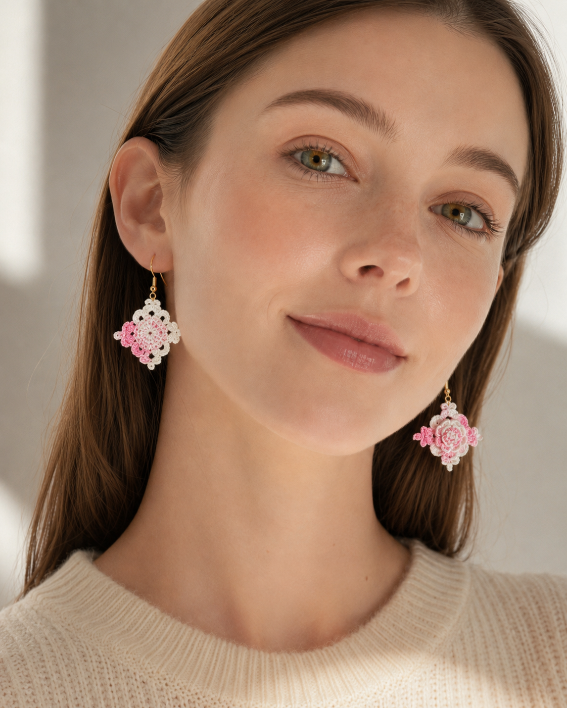 Hand-Crocheted Asymmetrical Floral Drop Earrings – 14K Gold Hooks | 4 Colours