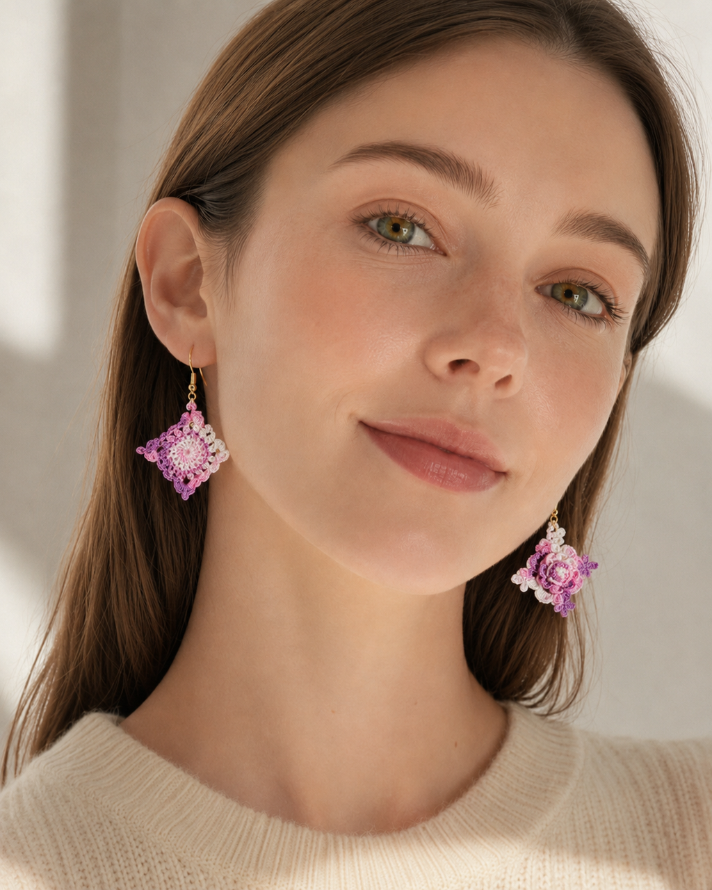 Hand-Crocheted Asymmetrical Floral Drop Earrings – 14K Gold Hooks | 4 Colours