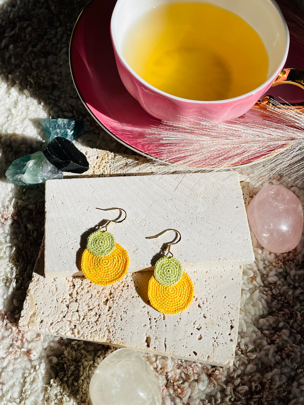 Hand-Crocheted Double Circle Drop Earrings – 14K Gold Hooks | 4 Colour Options