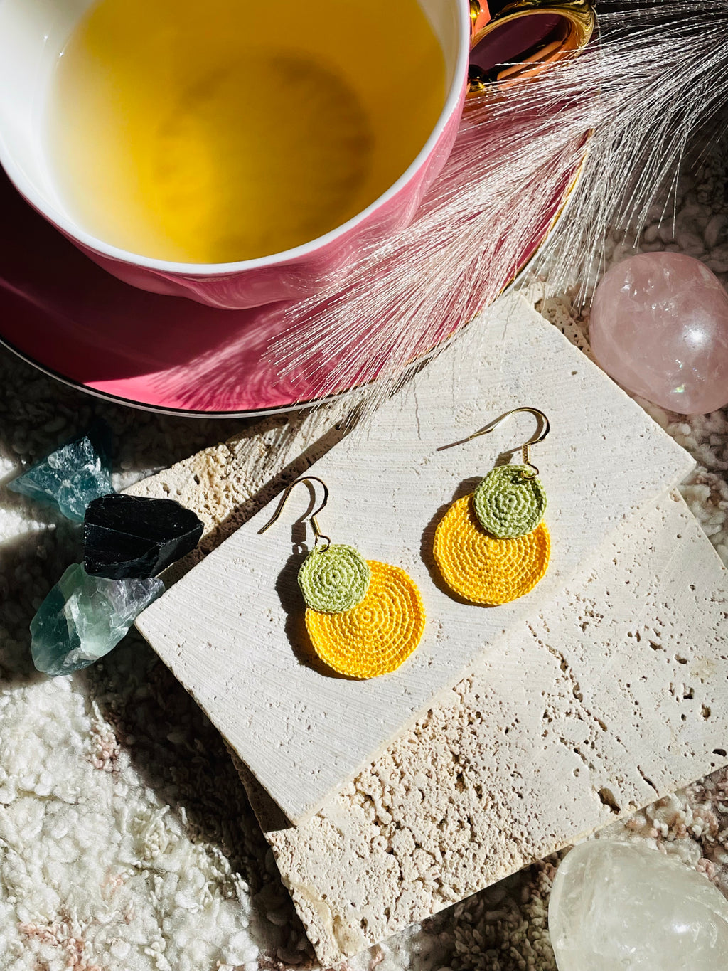 Hand-Crocheted Double Circle Drop Earrings – 14K Gold Hooks | 4 Colour Options