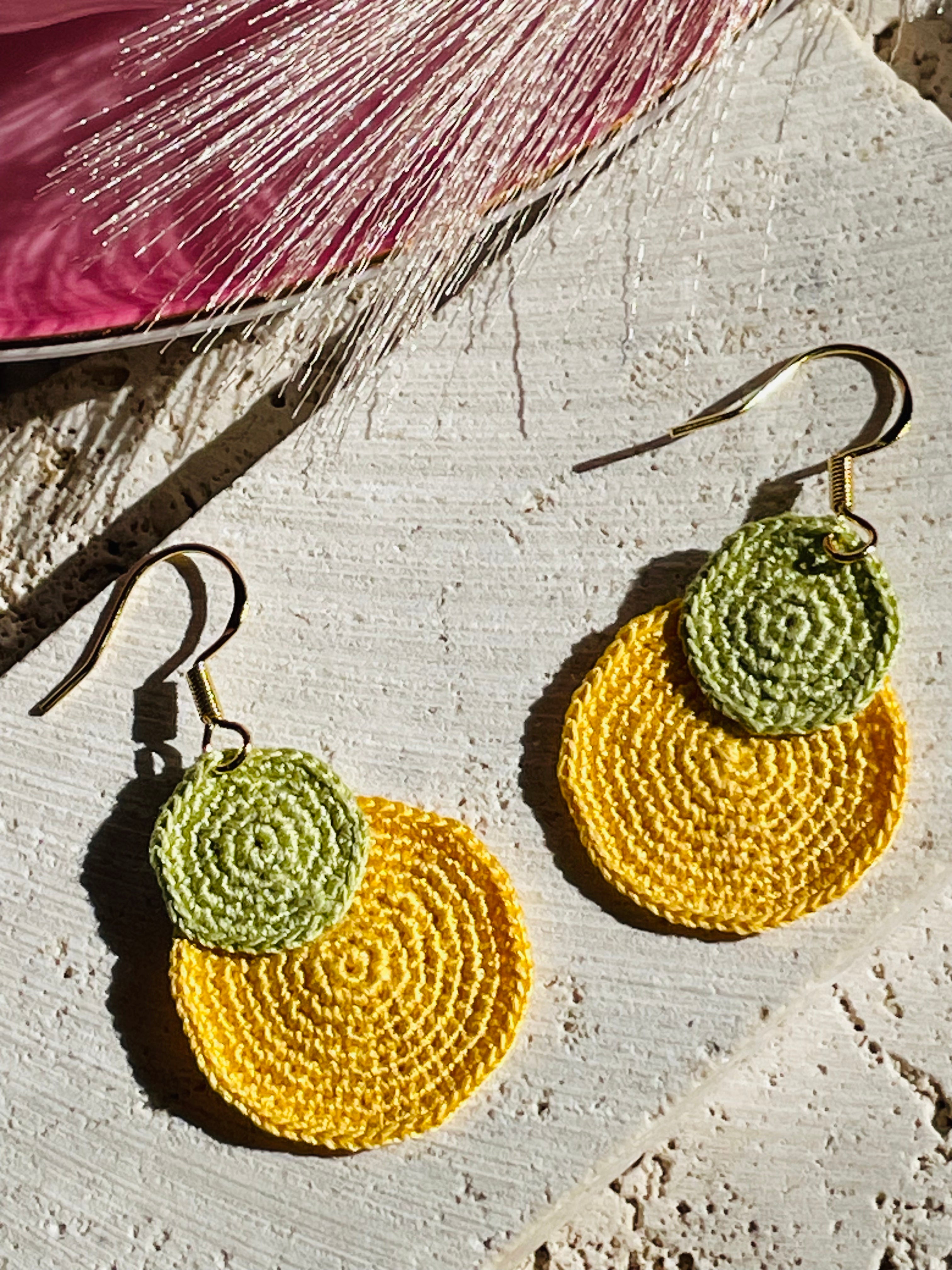 Hand-Crocheted Double Circle Drop Earrings – 14K Gold Hooks | 4 Colour Options