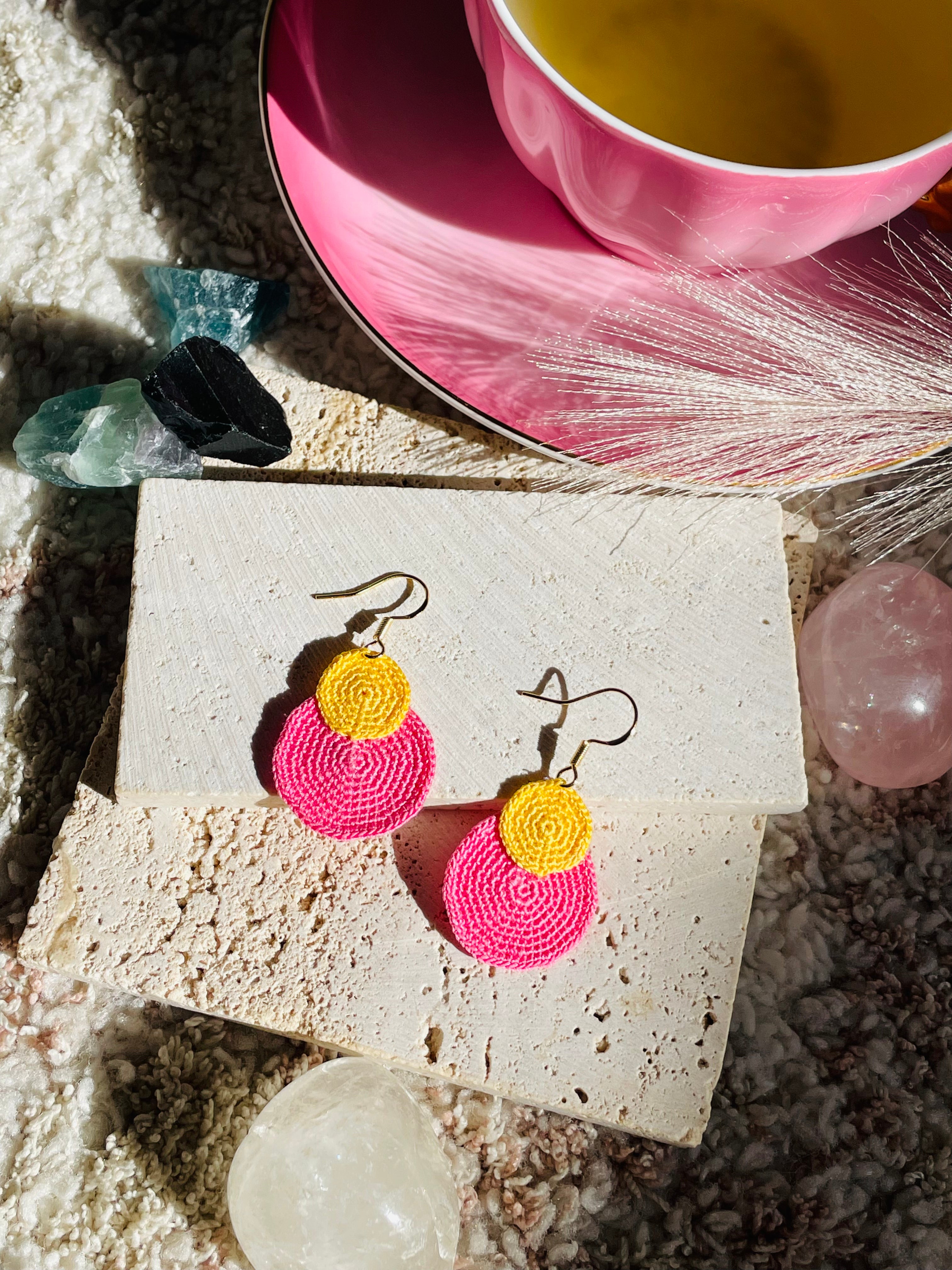 Hand-Crocheted Double Circle Drop Earrings – 14K Gold Hooks | 4 Colour Options