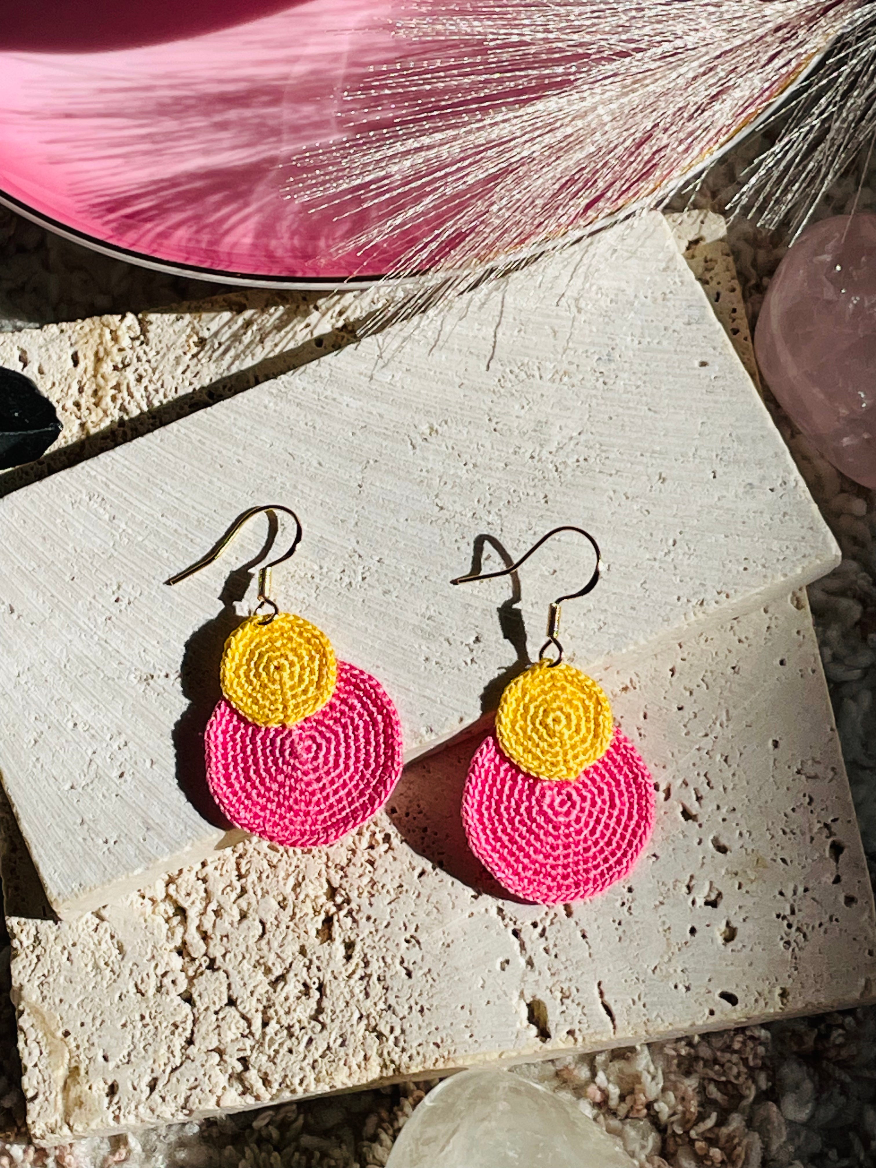 Hand-Crocheted Double Circle Drop Earrings – 14K Gold Hooks | 4 Colour Options