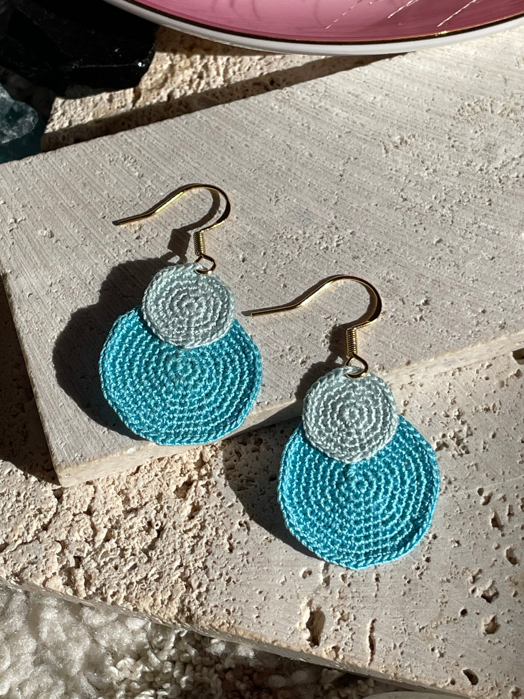 Hand-Crocheted Double Circle Drop Earrings – 14K Gold Hooks | 4 Colour Options