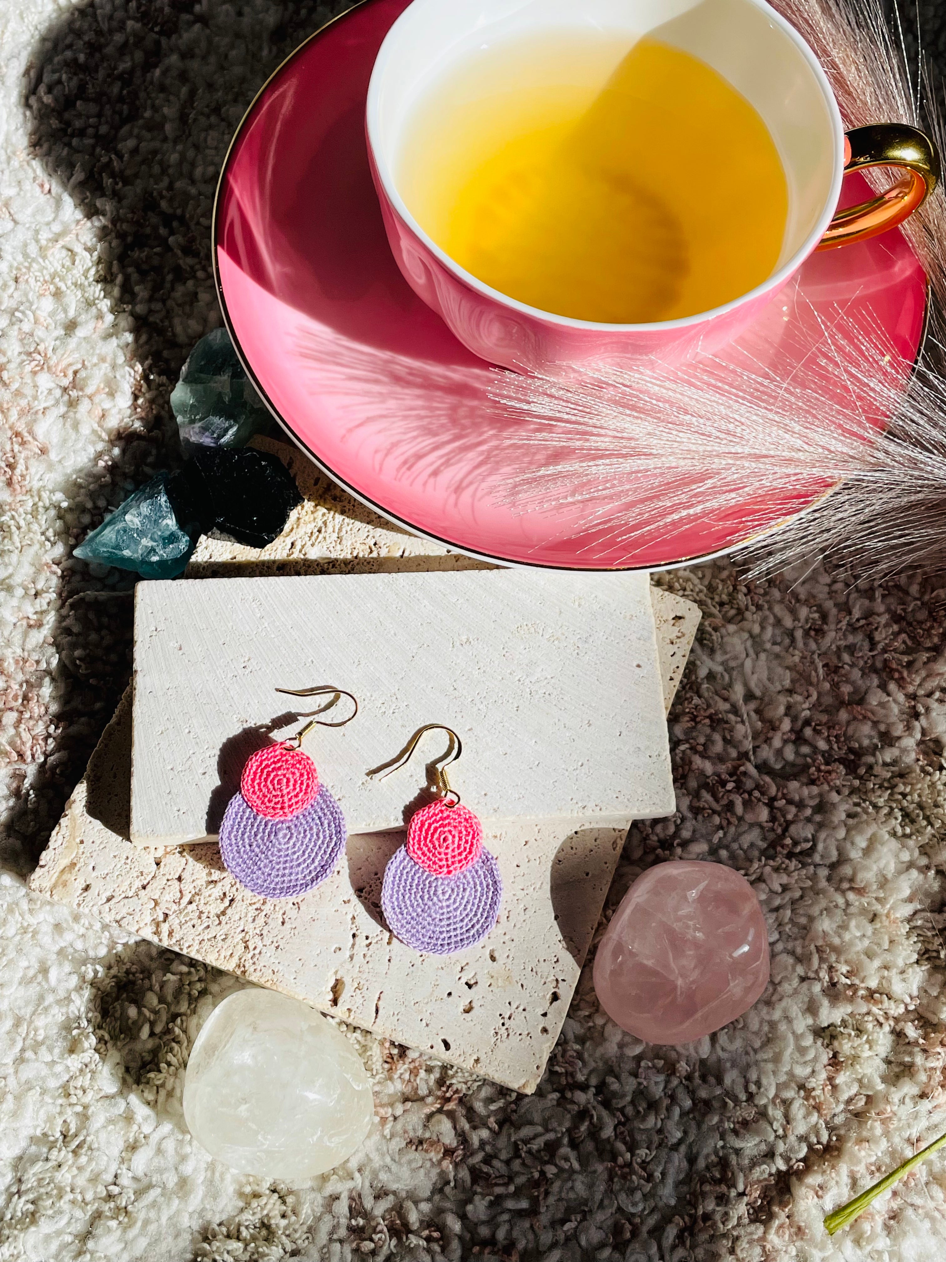 Hand-Crocheted Double Circle Drop Earrings – 14K Gold Hooks | 4 Colour Options