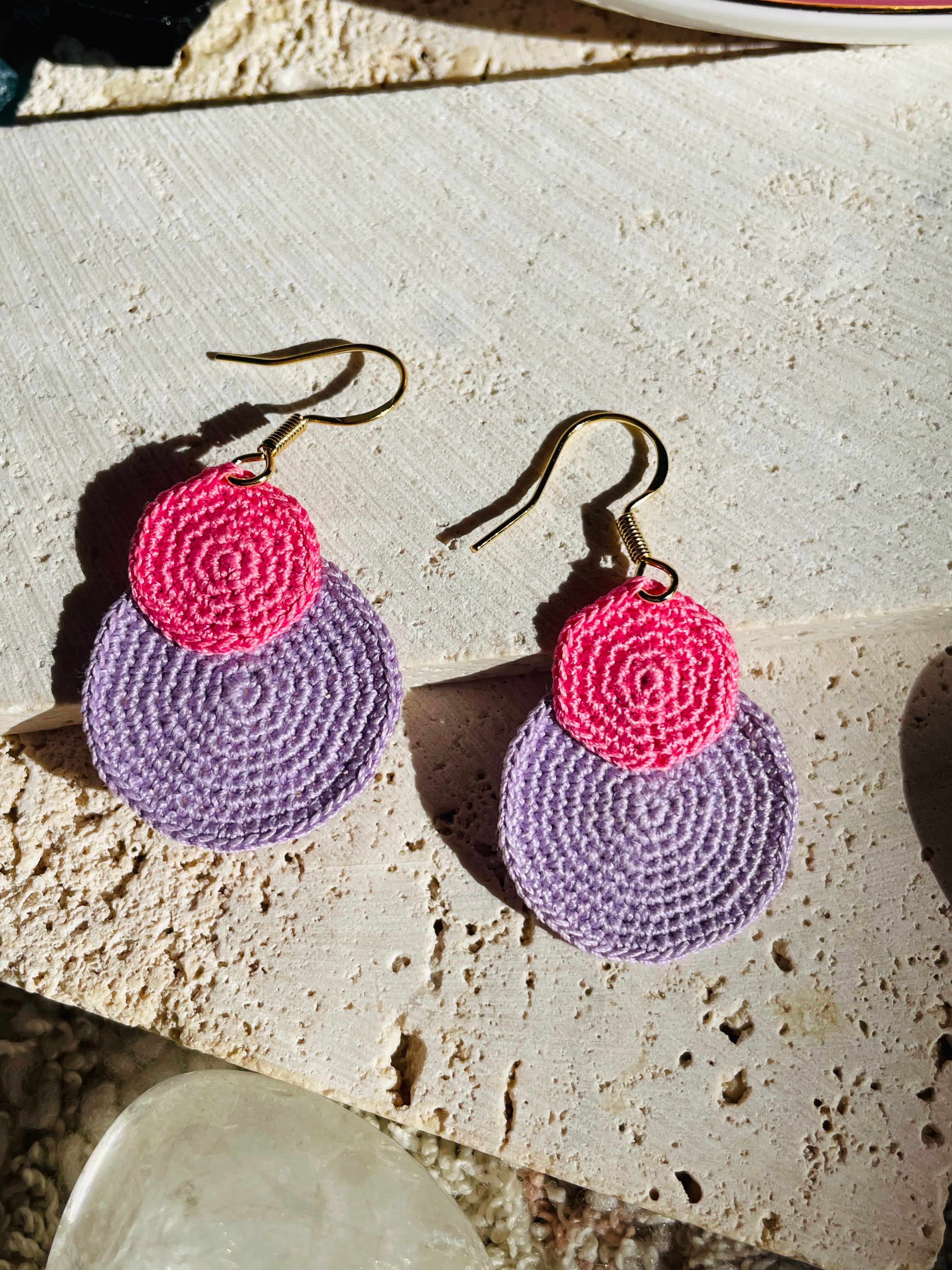 Hand-Crocheted Double Circle Drop Earrings – 14K Gold Hooks | 4 Colour Options