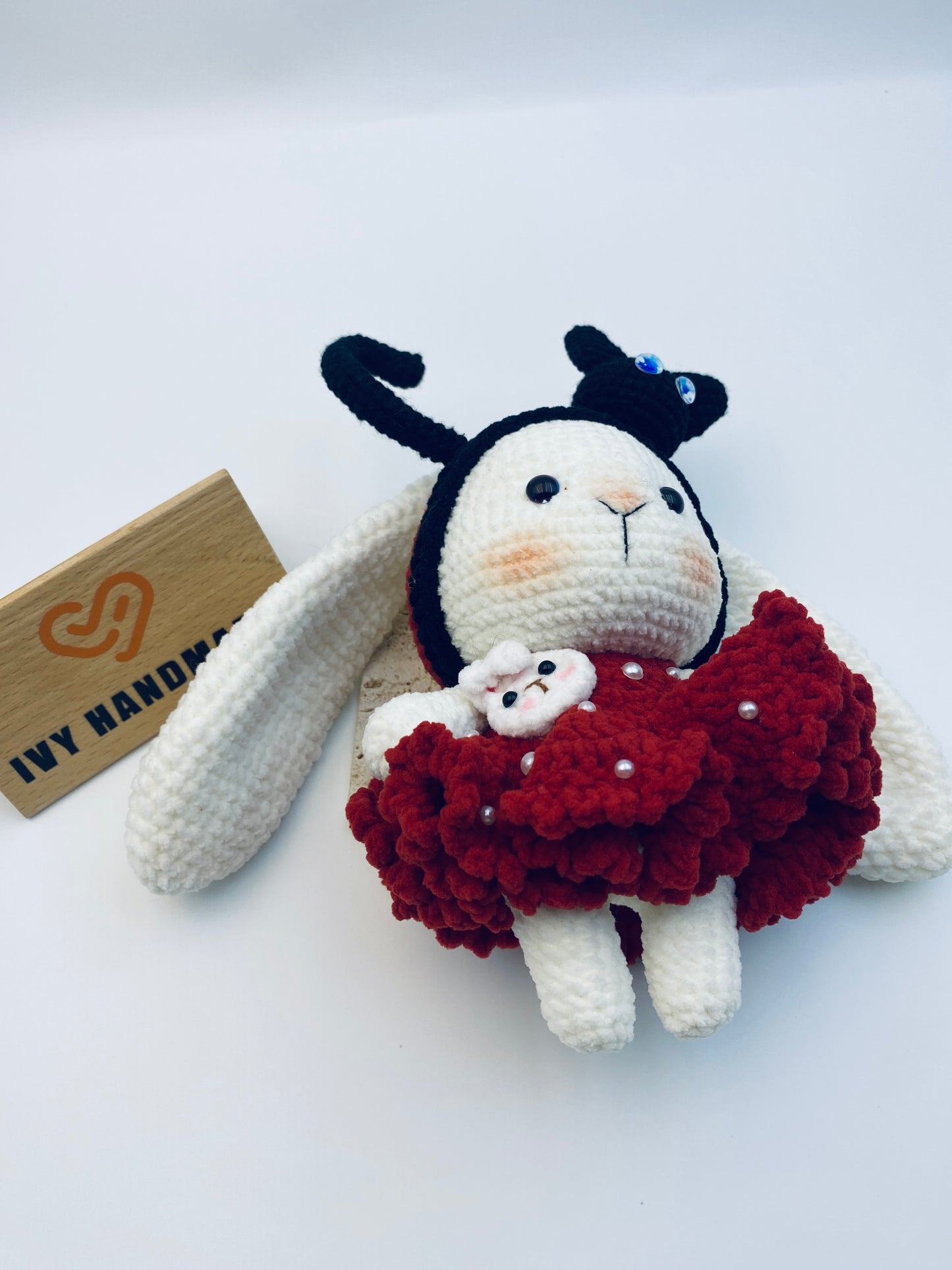 Big Eared Rabbit Wearing A Red Skirt-Handmade Crochet