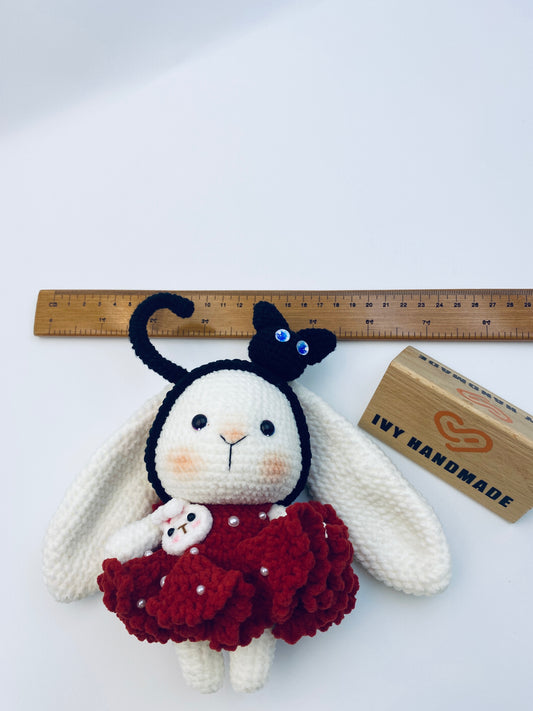 Big Eared Rabbit Wearing A Red Skirt-Handmade Crochet